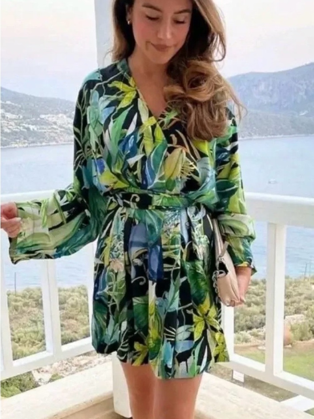 H&M Green and Blue Tropical Print Mini Dress
